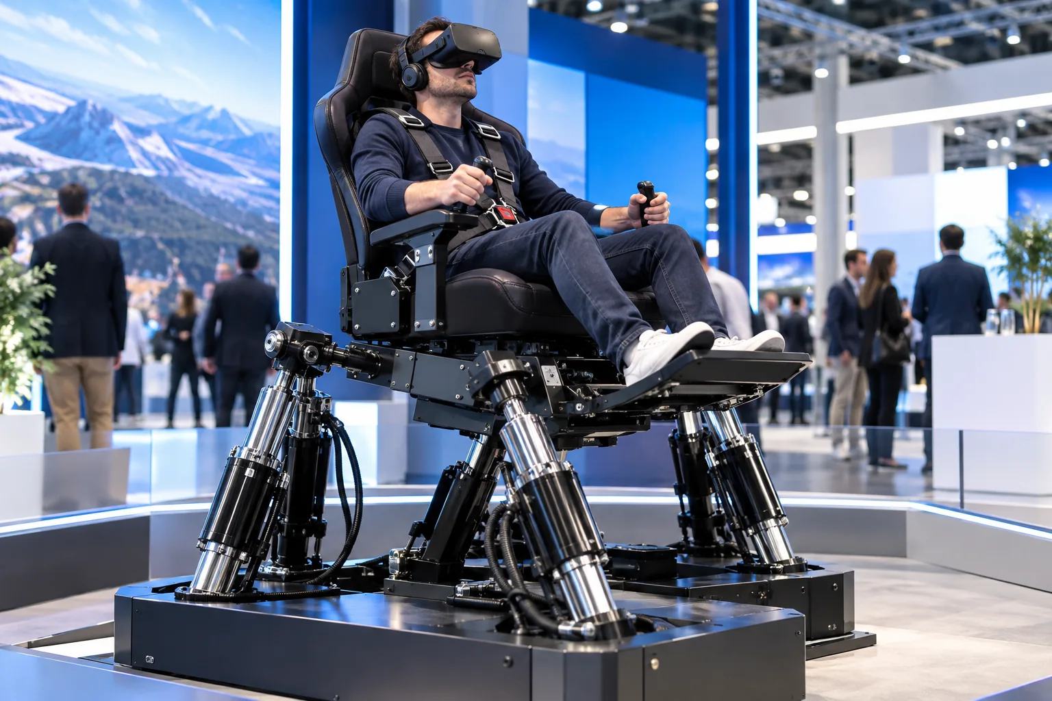 Simulateur de réalité virtuelle sur vérins dans un salon professionnel à Cannes, illustration