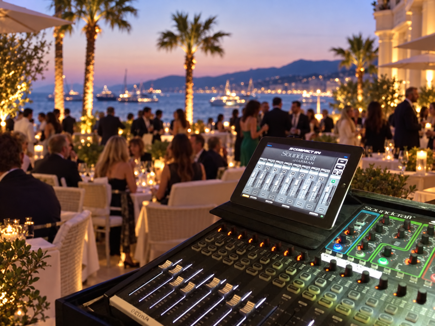 Console de mixage au premier plan et scène événementielle floue en arrière-plan · visuel d’inspiration